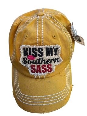 NWT KBETHOS Kiss My Southern Sass Mustard Distressed Baseball Cap Hat